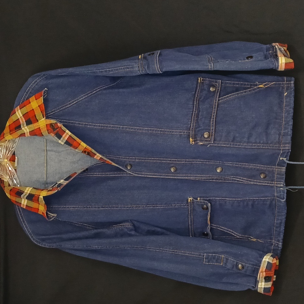 Womans Blue Denim Chore Jacket with Plaid Accents Sz Large - Picture 2 of 7
